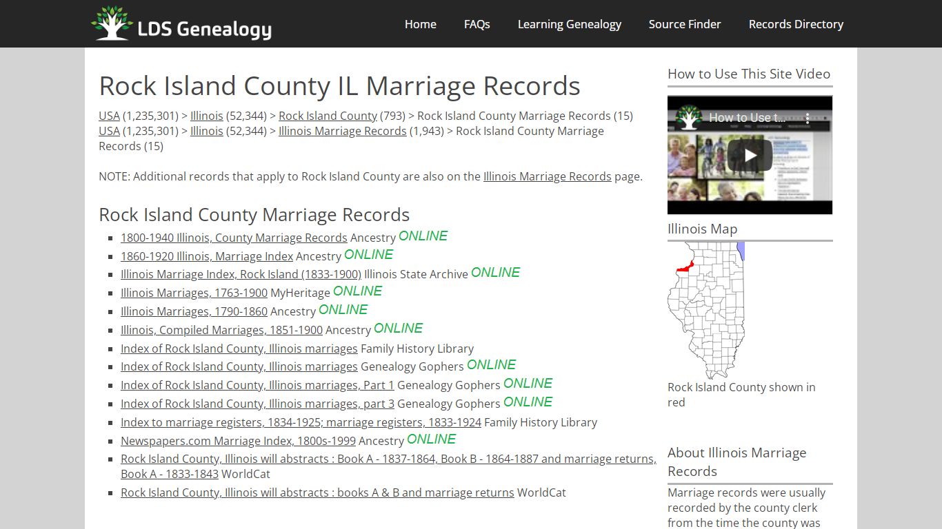 Rock Island County IL Marriage Records - LDS Genealogy