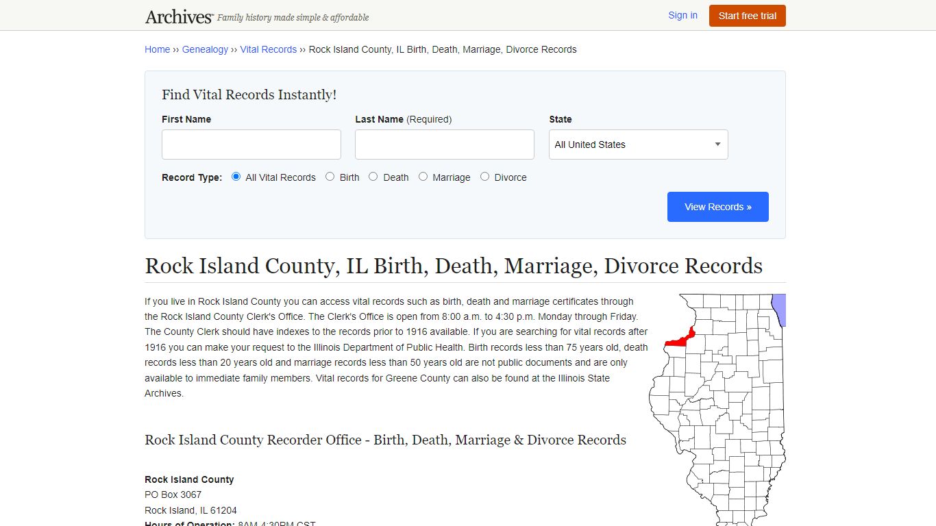 Rock Island County, IL Birth, Death, Marriage, Divorce Records